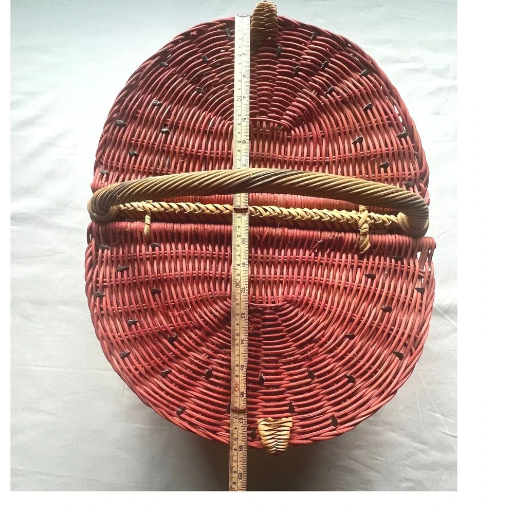 Vintage Watermelon Picnic Basket Woven Wicker Double-Lid Handle Red Green Large